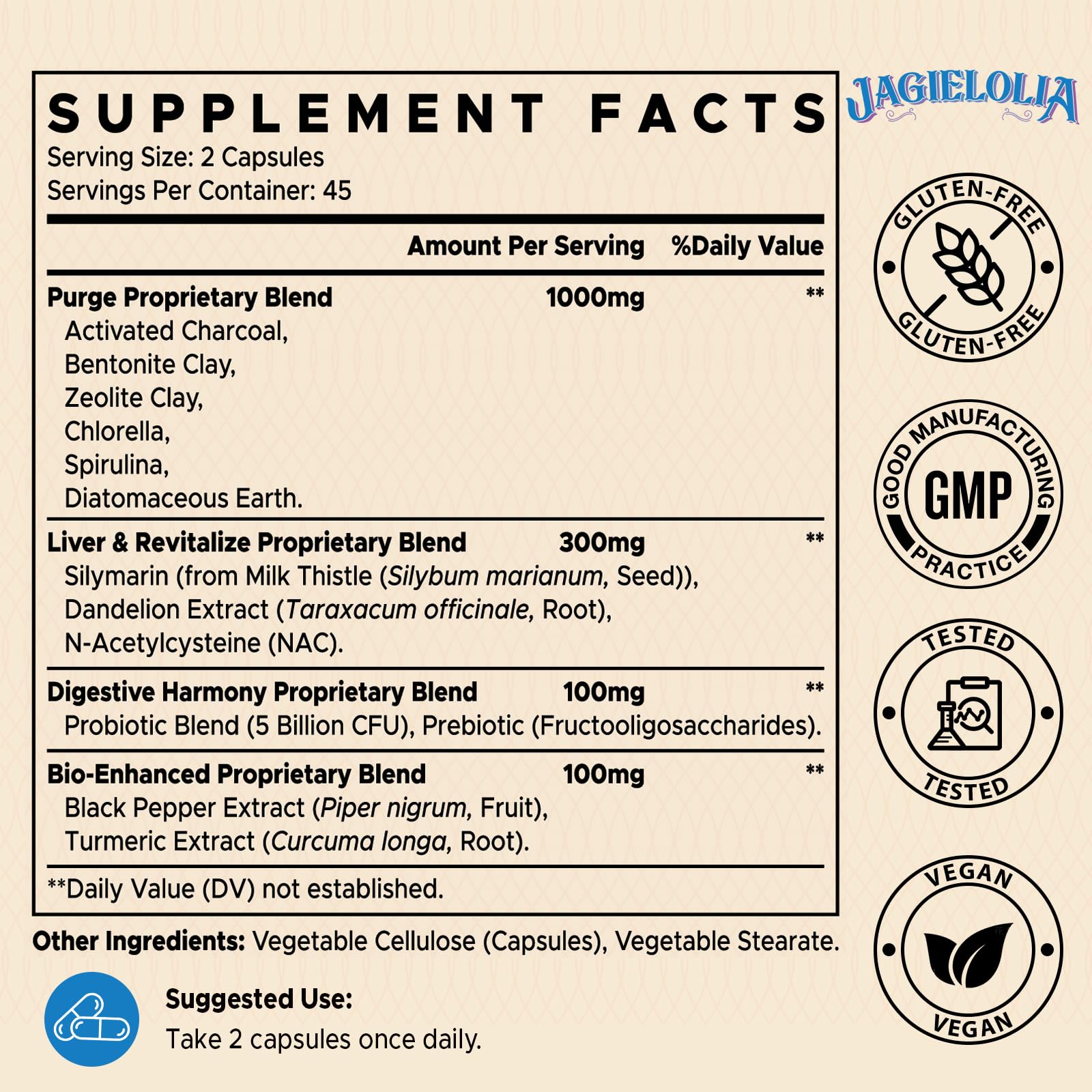 Jagielolia All-in-One Detox Binder Supplement 1500 MG - High Bioavailability, Liver Gut Detox Cleanse with Activated Charcoal, Zeolite & Bentonite Clay for Toxins,