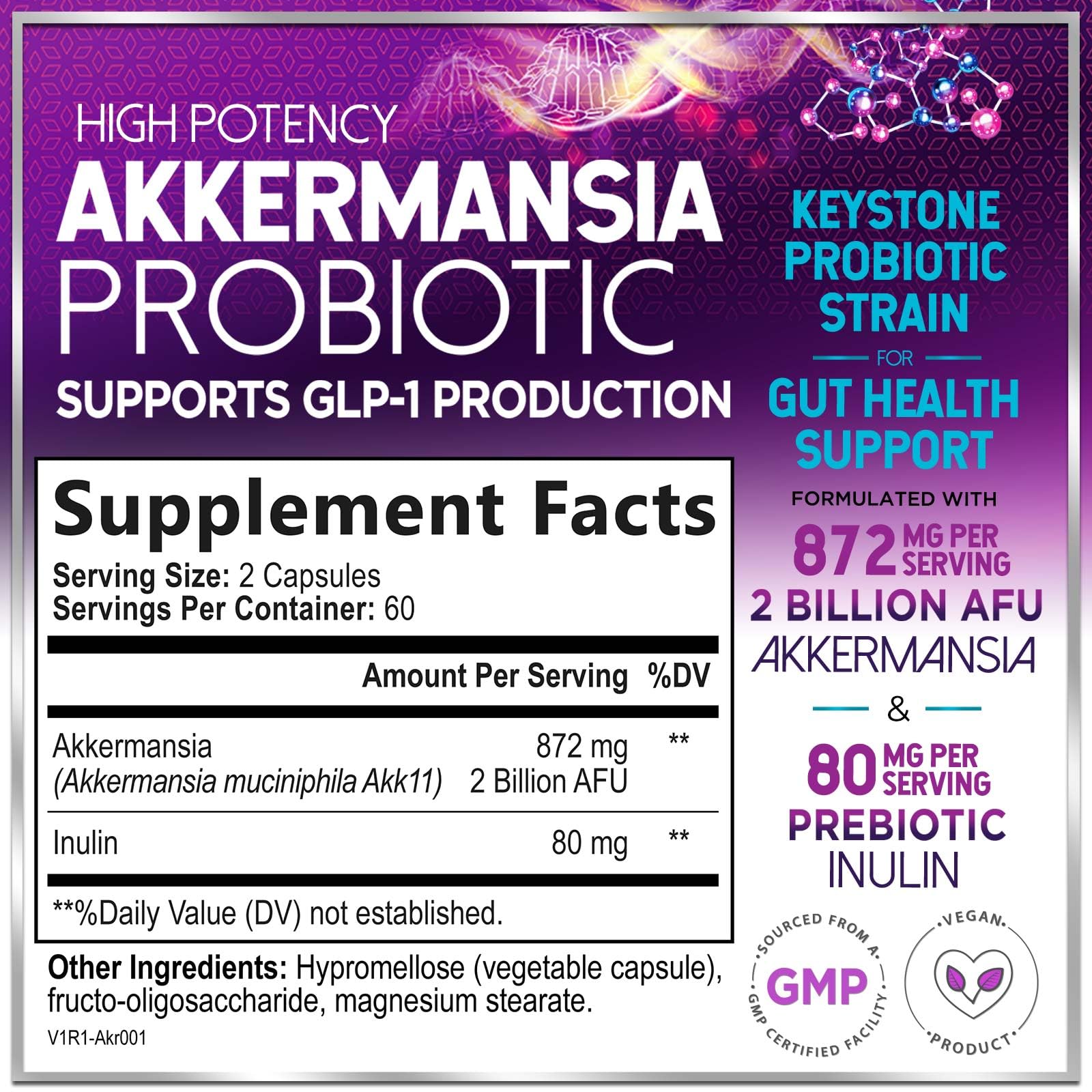 Akkermansia Probiotic - 2 Billion AFU per Serving - Best Strain Production Support with Prebiotic Fiber for Natural Digestive & Gut Health