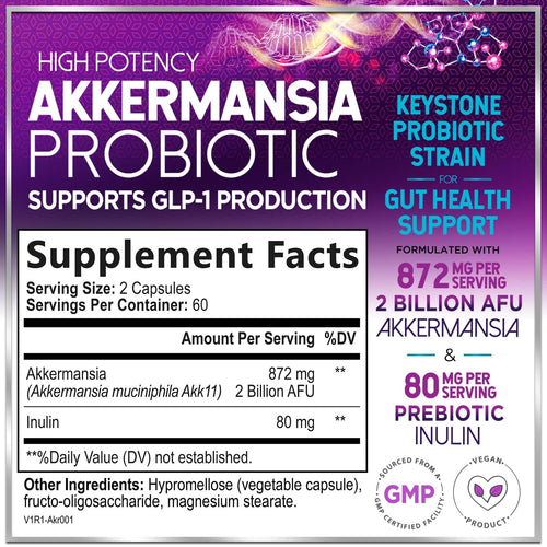 Akkermansia Probiotic - 2 Billion AFU per Serving - Best Strain Production Support with Prebiotic Fiber for Natural Digestive & Gut Health