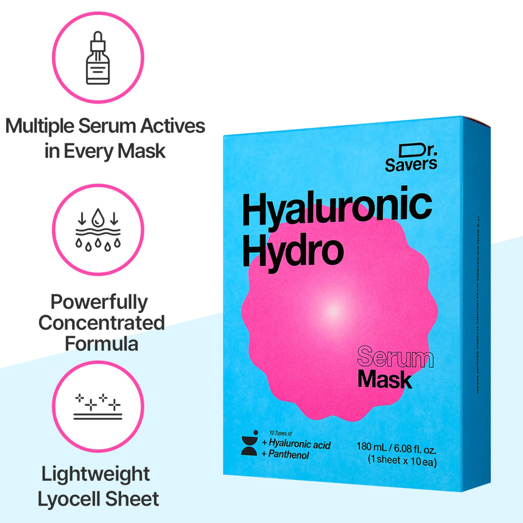 Dr. Savers Hyaluronic Acid Face Serum Mask, 0.60 Fl Oz, Deep Hydrating & Repair Skin Barrier with Panthenol, Lightweight, Non-Sticky, Moisturizing Dewy Skin,