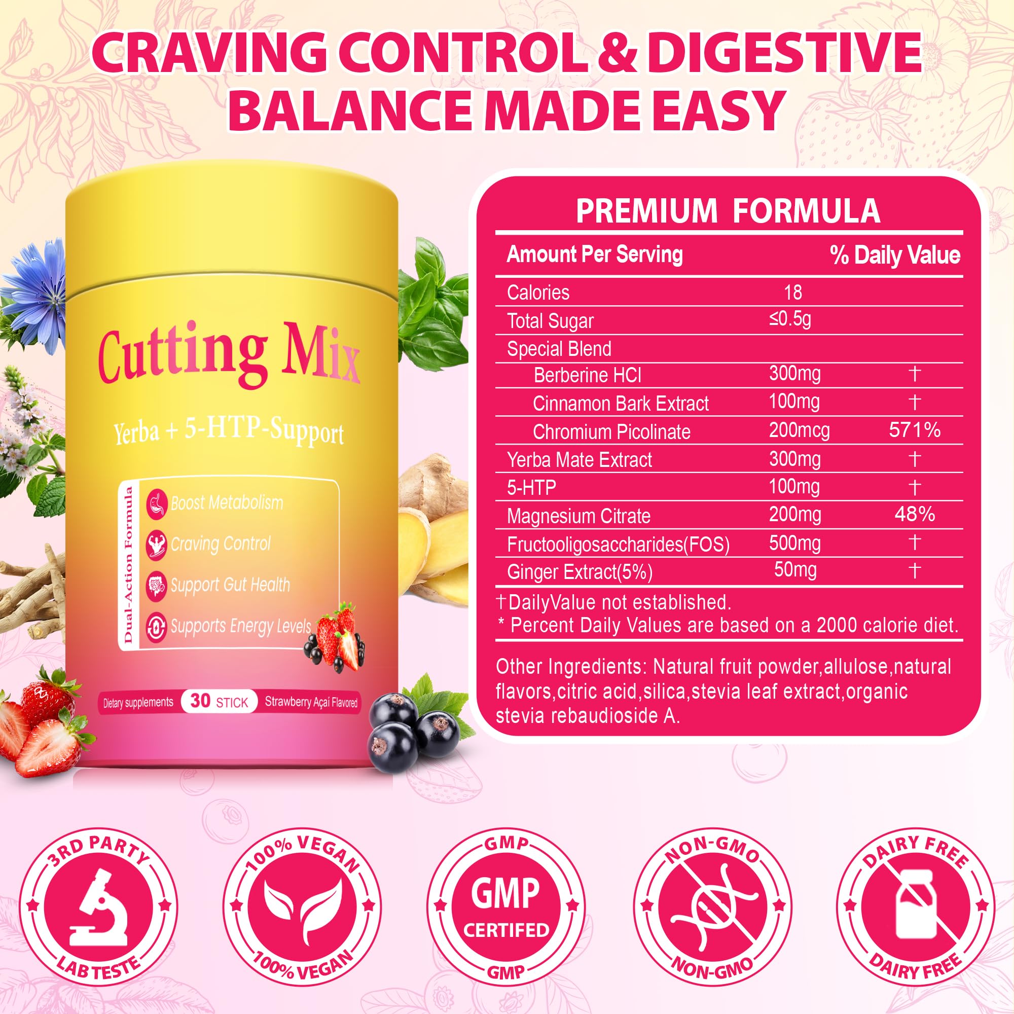 BOSNETHUINH Cutting Drink Mix – Chromium, 5-HTP, Yerba Mate, FOS & Magnesium | Supports Satiety Signaling, Energy & Gut Health