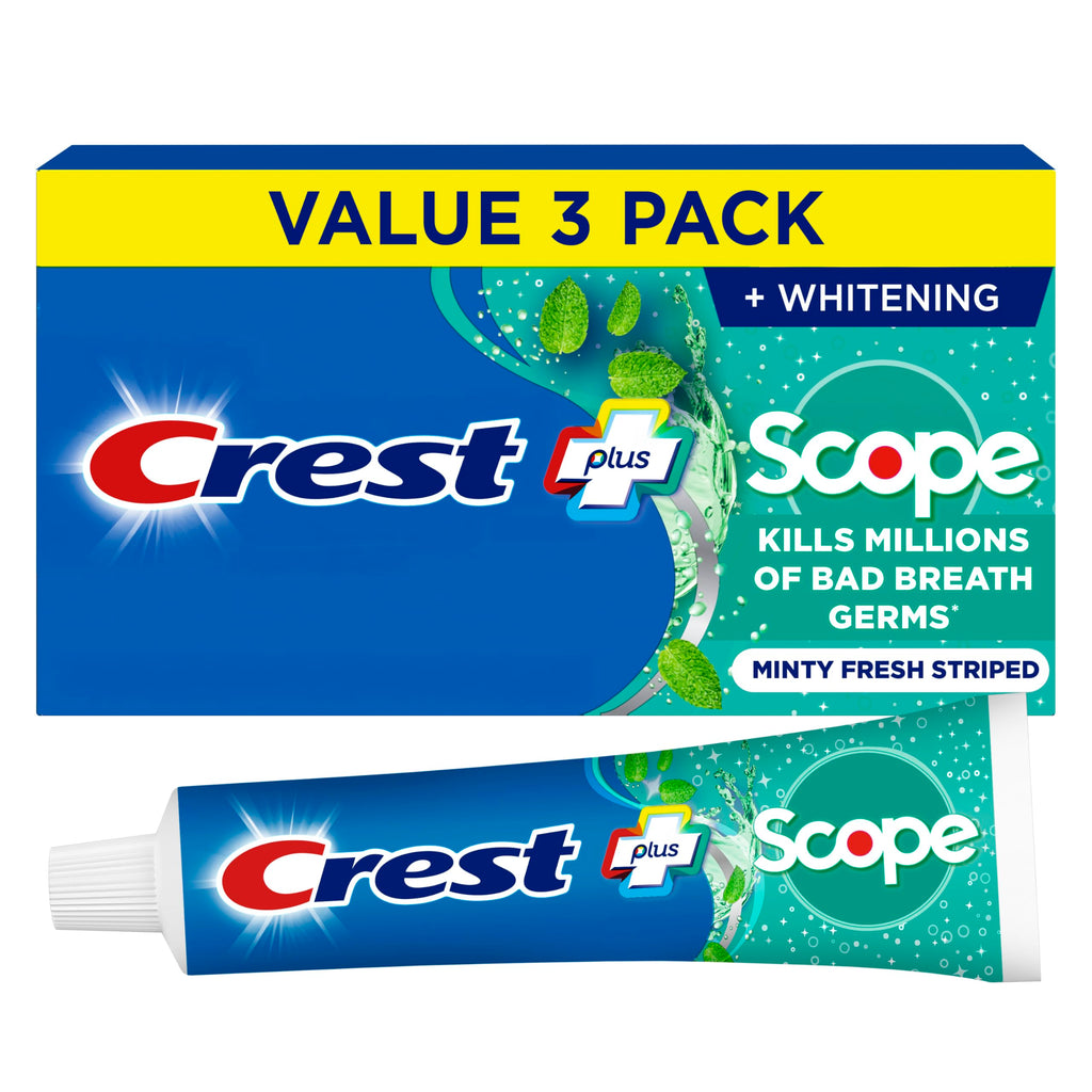 Crest + Scope Whitening Toothpaste - Pack of 3, 5.4 Oz Tubes - Anticavity Fluoride Toothpaste, Fresh Breath, Kills Germs - Tartar Protection,