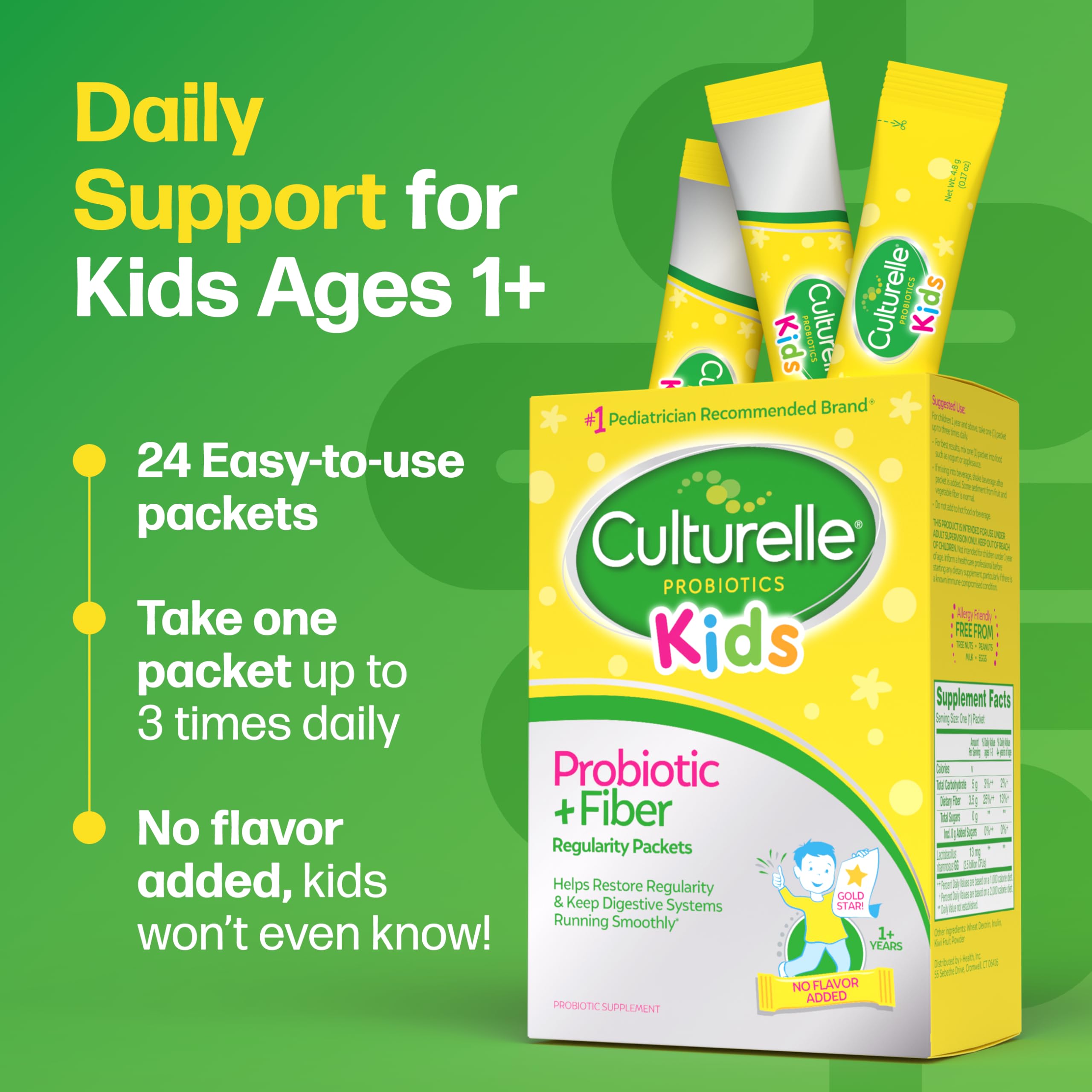 Culturelle Kids Probiotic + Fiber Packets (Ages 3+) - 24 Count - Digestive Health & Immune Support - Helps Restore Regularity (Packaging may vary)