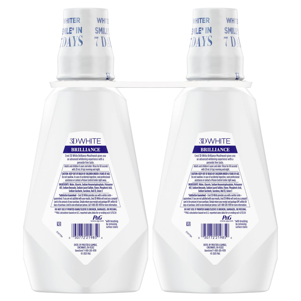 Crest 3D White Mouthwash, Teeth Whitening for Adults, 1L, 2 Pack, Alcohol Free Mouth Rinse, Breath Freshener, Antibacterial, Antiseptic,