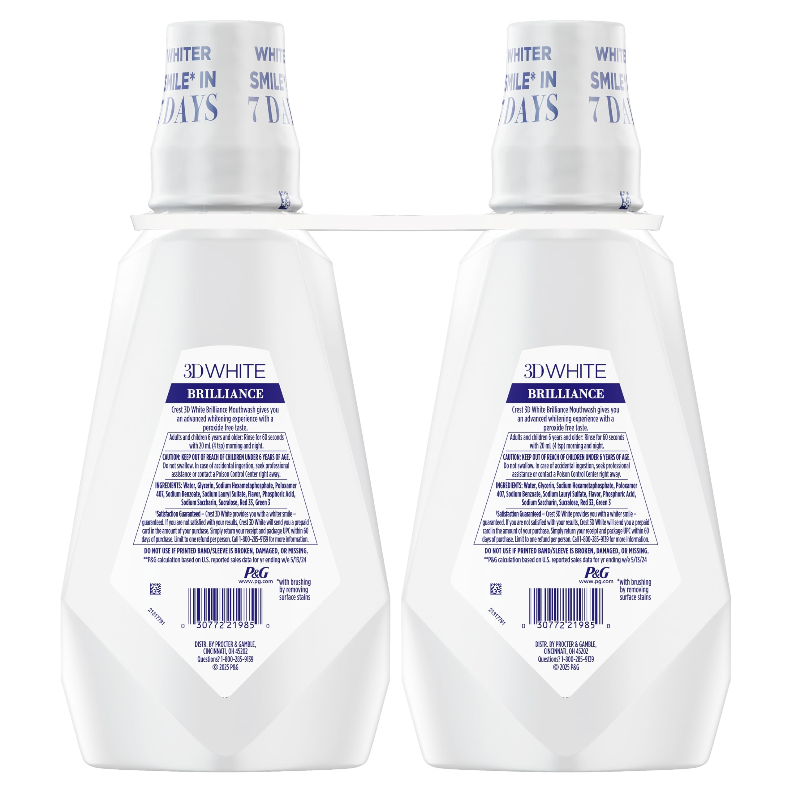 Crest 3D White Mouthwash, Teeth Whitening for Adults, 1L, 2 Pack, Alcohol Free Mouth Rinse, Breath Freshener, Antibacterial, Antiseptic,