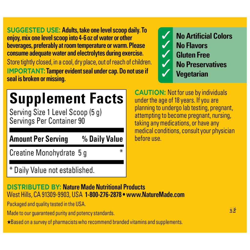 Nature Made Micronized Creatine Monohydrate Powder 5 g per Serving, Unflavored Drink Mix Powder, Muscle Support, 450 g, 90 Day Supply
