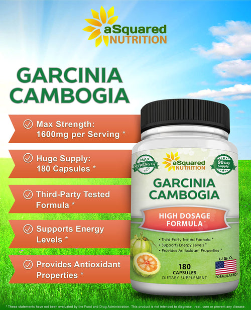 aSquared Nutrition Garcinia Cambogia 1600mg-180 Capsules-Natural Pure Extract Pills for Brain Health- Standardized Ultra HCA & Garcinia Cambogia Supplement