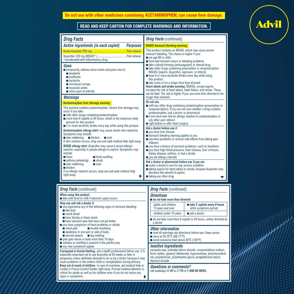 Advil Dual Action Coated Caplets with Acetaminophen, 250 Mg Ibuprofen and 500 Mg Acetaminophen Per Dose (2 Dose Equivalent) for 8 Hour Pain Relief - 72 Count AdvilBuy Supplements Australia