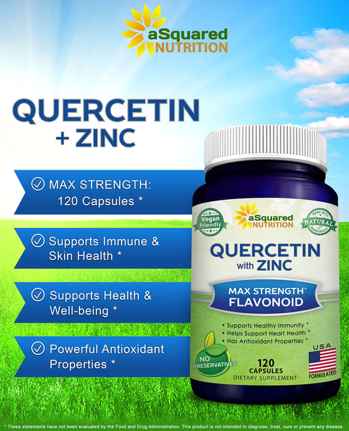 aSquared Nutrition Quercetin 1000mg with Zinc Supplement - 120 Capsules - Quercetin Dihydrate with Black Elderberry & Zinc - Max Strength Powder Complex
