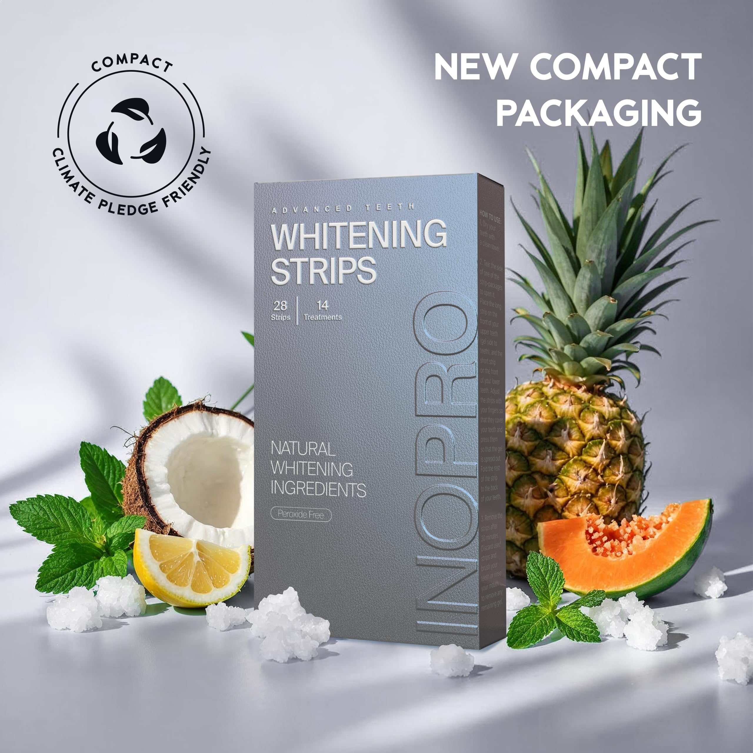 InoPro Natural Teeth Whitening Strips Kit 14 Treatments - Sensitive Teeth Whitener, Peroxide Free with Papain, Bromelain, Coconut Oil