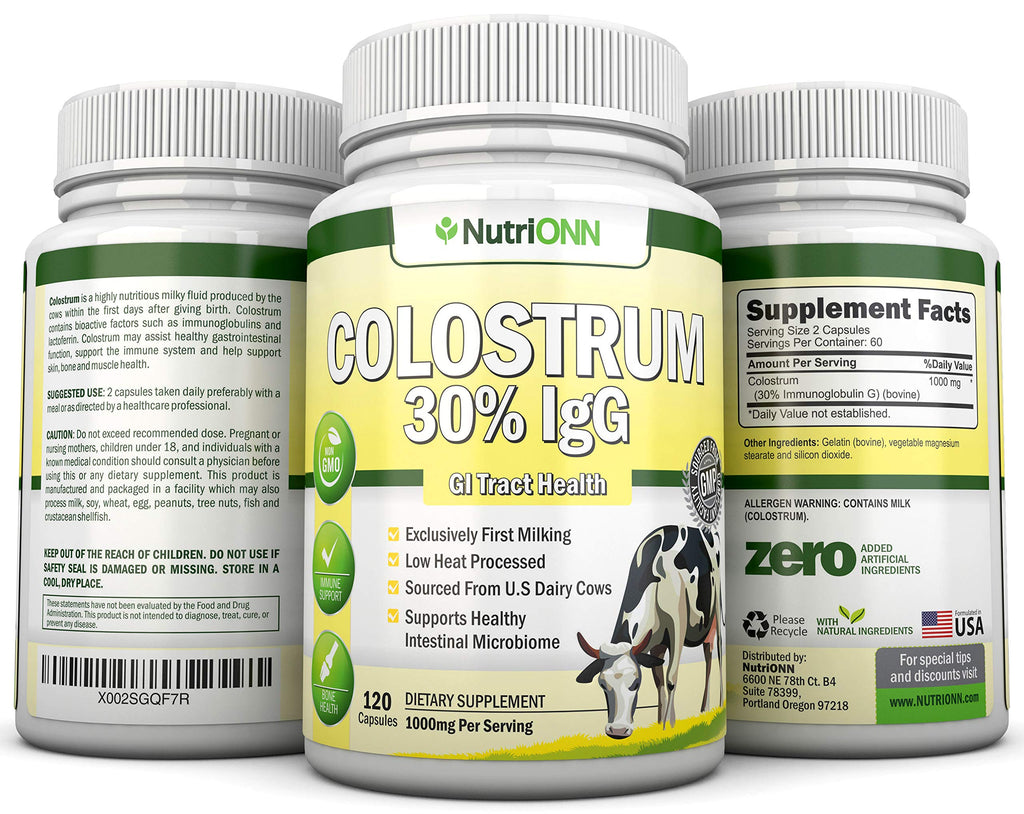 Colostrum - 1000mg - 120 Capsules - 30% IgG - Non-GMO US Dairy - First Milking Bovine Colostrum - Low Heat Processed - Great for GI Tract Health