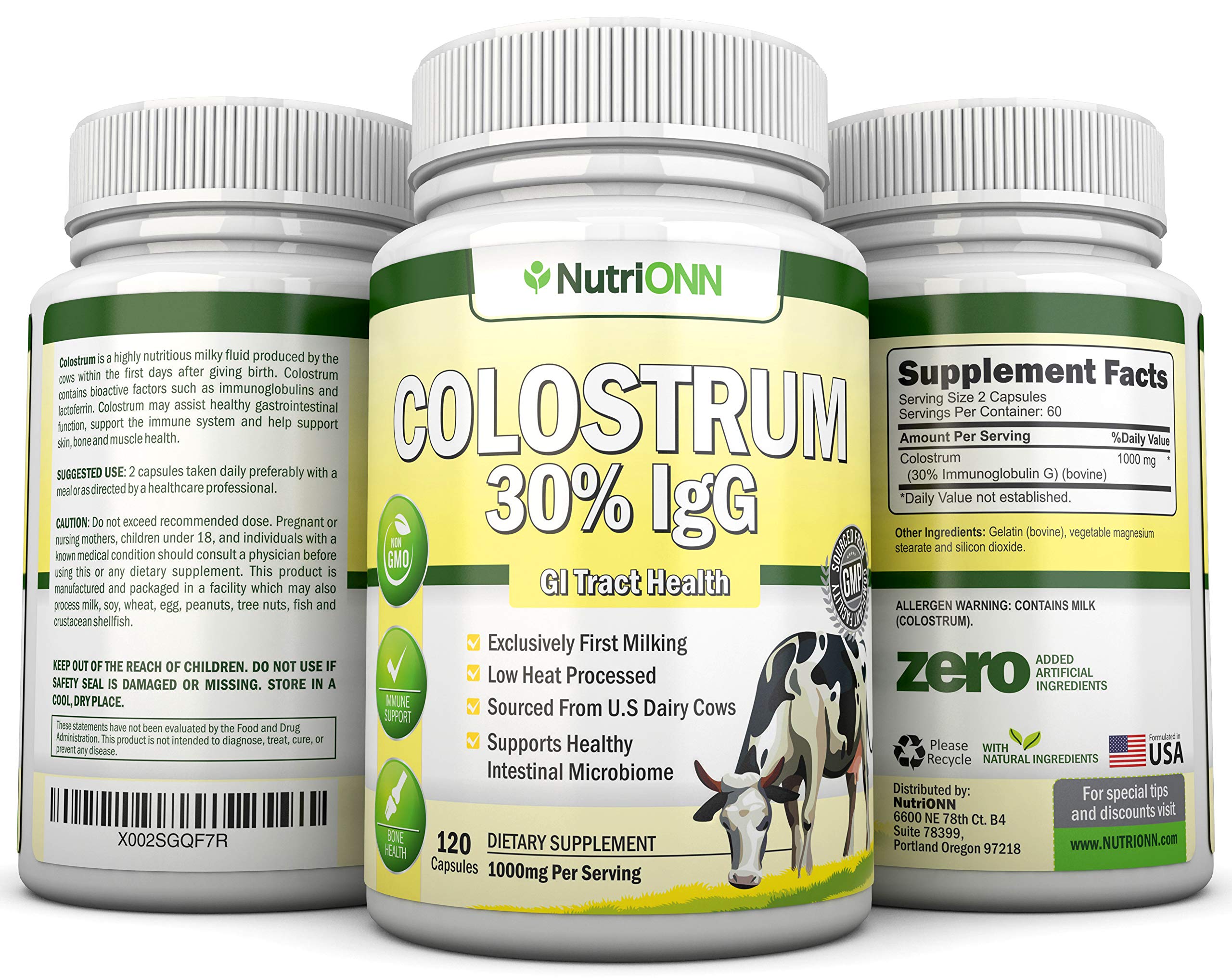 Colostrum - 1000mg - 120 Capsules - 30% IgG - Non-GMO US Dairy - First Milking Bovine Colostrum - Low Heat Processed - Great for GI Tract Health