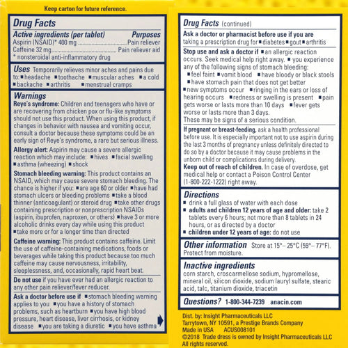 Anacin Aspirin & Caffeine Fast Pain Relief, Eases Minor Aches and Pains Due to Headache, Muscle Aches & Arthritis, 300 Count ANACINBuy Supplements Australia