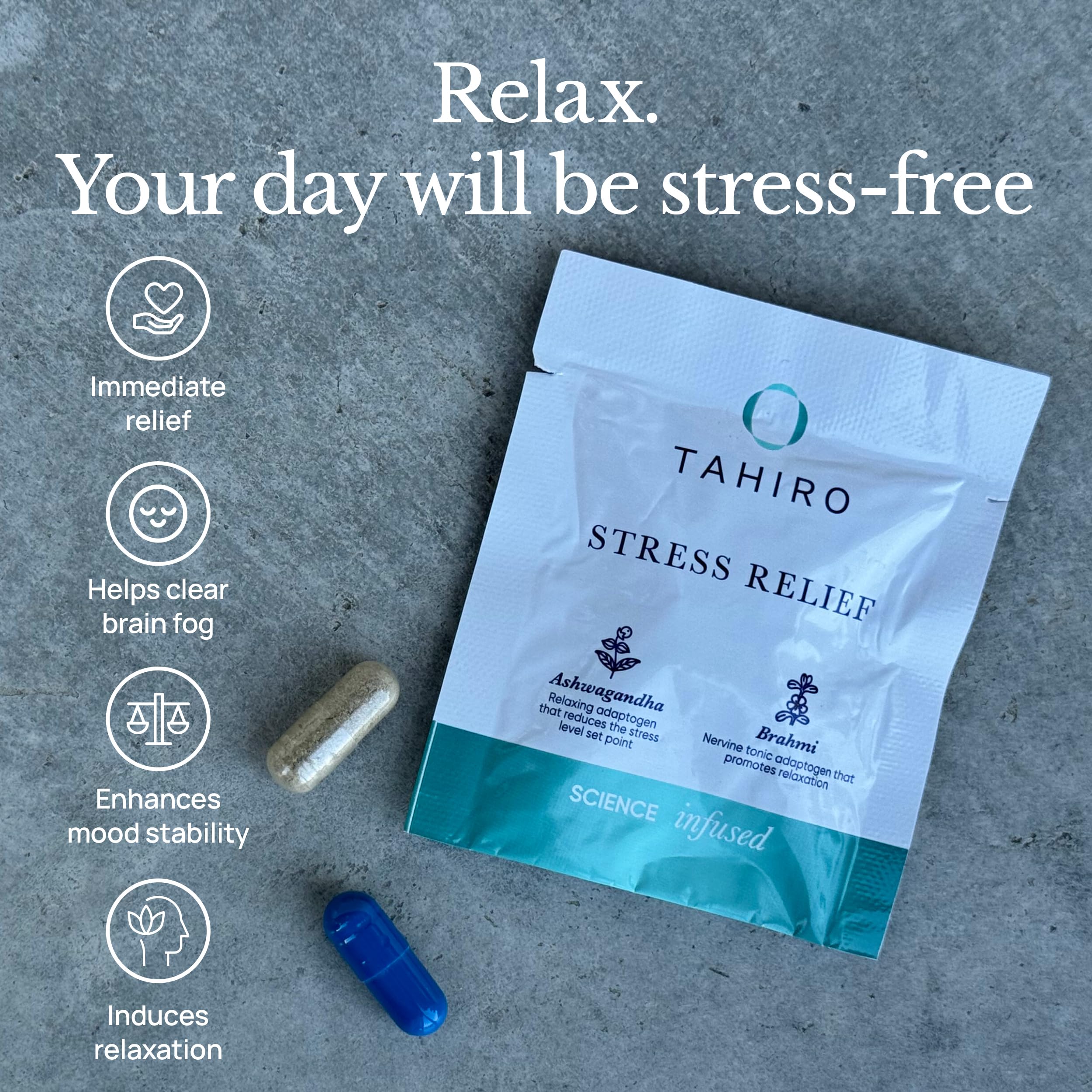 TAHIRO Stress-Relief Supplement – Natural Brain Support Supplement with Magnesium, Vitamin B, Ashwagandha, Brahmi – Non-GMO Vegan Brain Booster Supplement