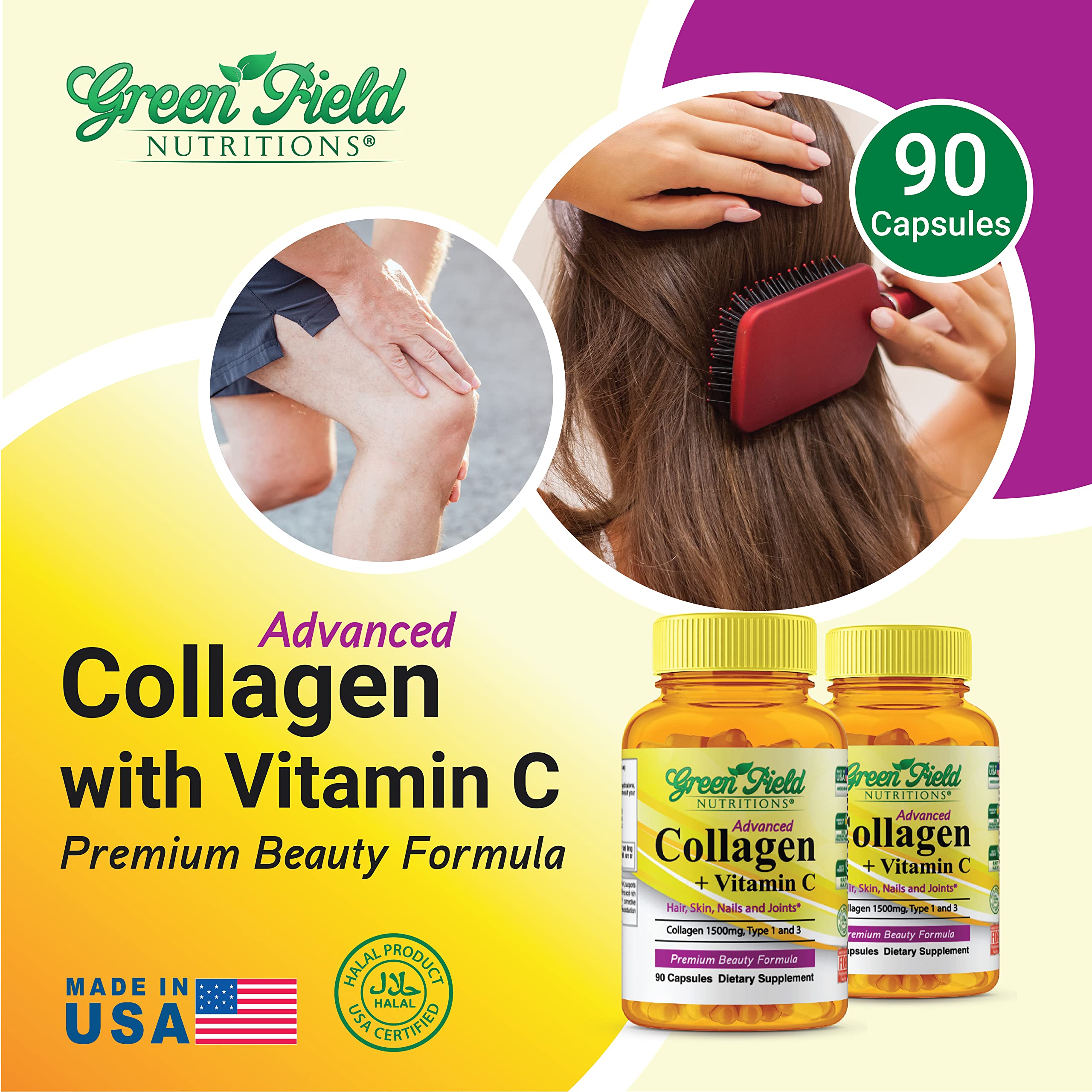 Greenfield Nutritions - Halal Collagen Peptides 1500 mg Type I & III, with Vitamin C 300 mg for Better Absorption, Anti-Aging Formula for Hair, Skin, Nails & Joints, Halal Vitamins, 90 Capsules GREEN FIELD NUTRITIONS buy supplements Au