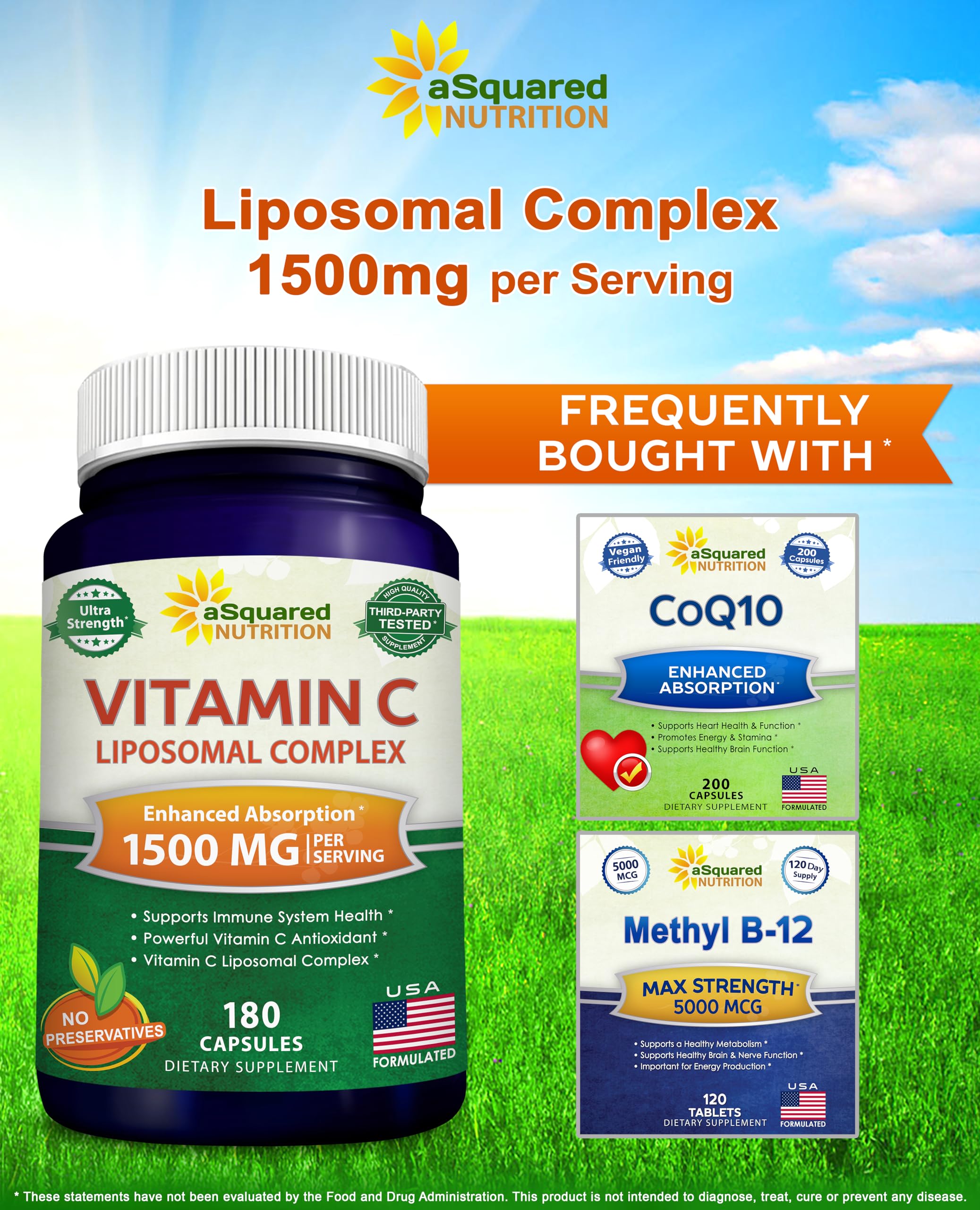 aSquared Nutrition Vitamin C Liposomal Complex - 1500mg Supplement - 180 Capsules - High Absorption VIT C Ascorbic Acid Pills - Supports Immune System