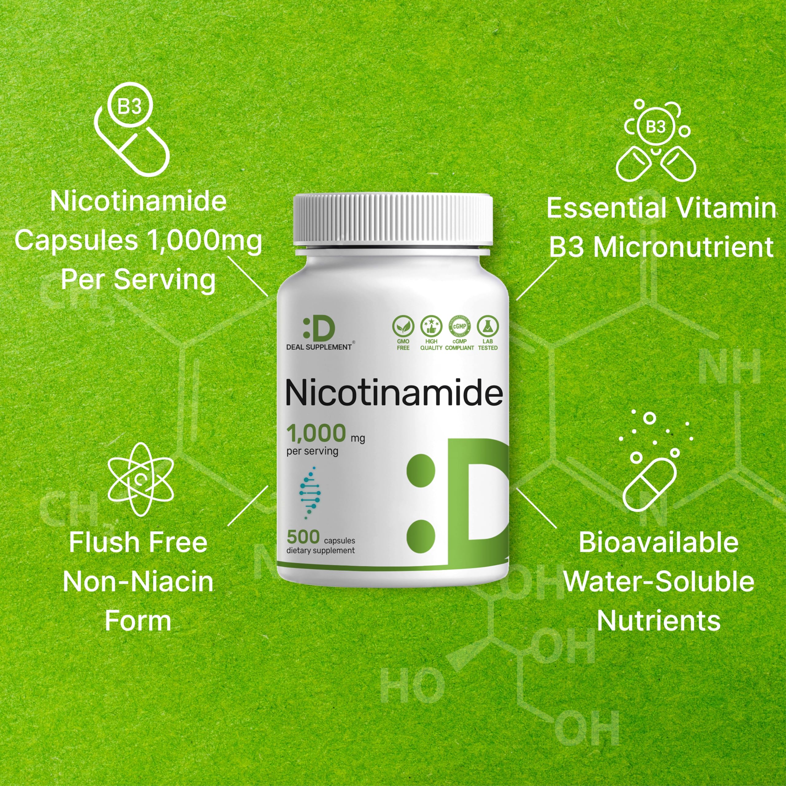 Vitamin B3 Nicotinamide 1,000mg Per Serving – 500 Capsules, Flush Free Niacin, Essential B3 – Supports Healthy Skin & Energy Production – Non-GMO