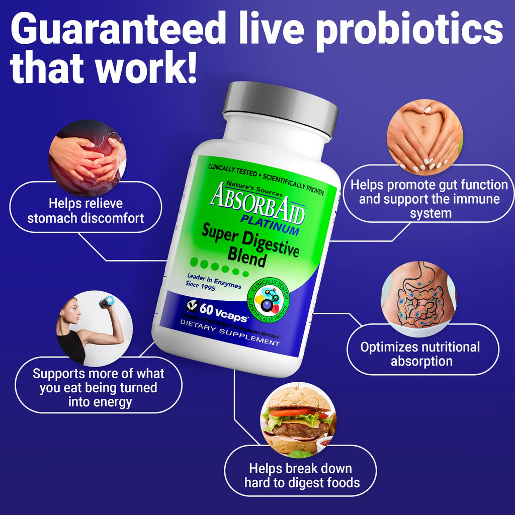 AbsorbAid Platinum Digestive Enzyme Support 60 vCaps, 12 Digestive Enzymes Plus 2 Probiotics for Maximum Relief - FENGGESTORE20