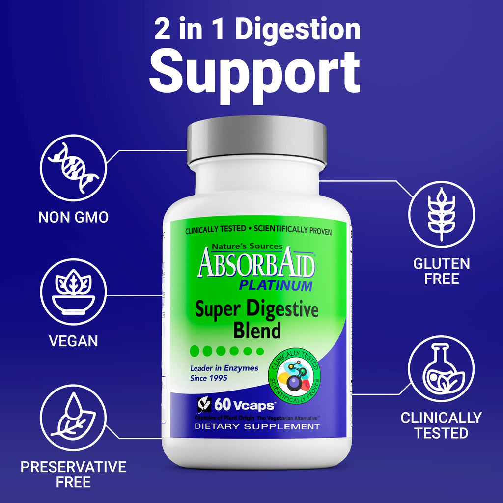 AbsorbAid Platinum Digestive Enzyme Support 60 vCaps, 12 Digestive Enzymes Plus 2 Probiotics for Maximum Relief - FENGGESTORE20