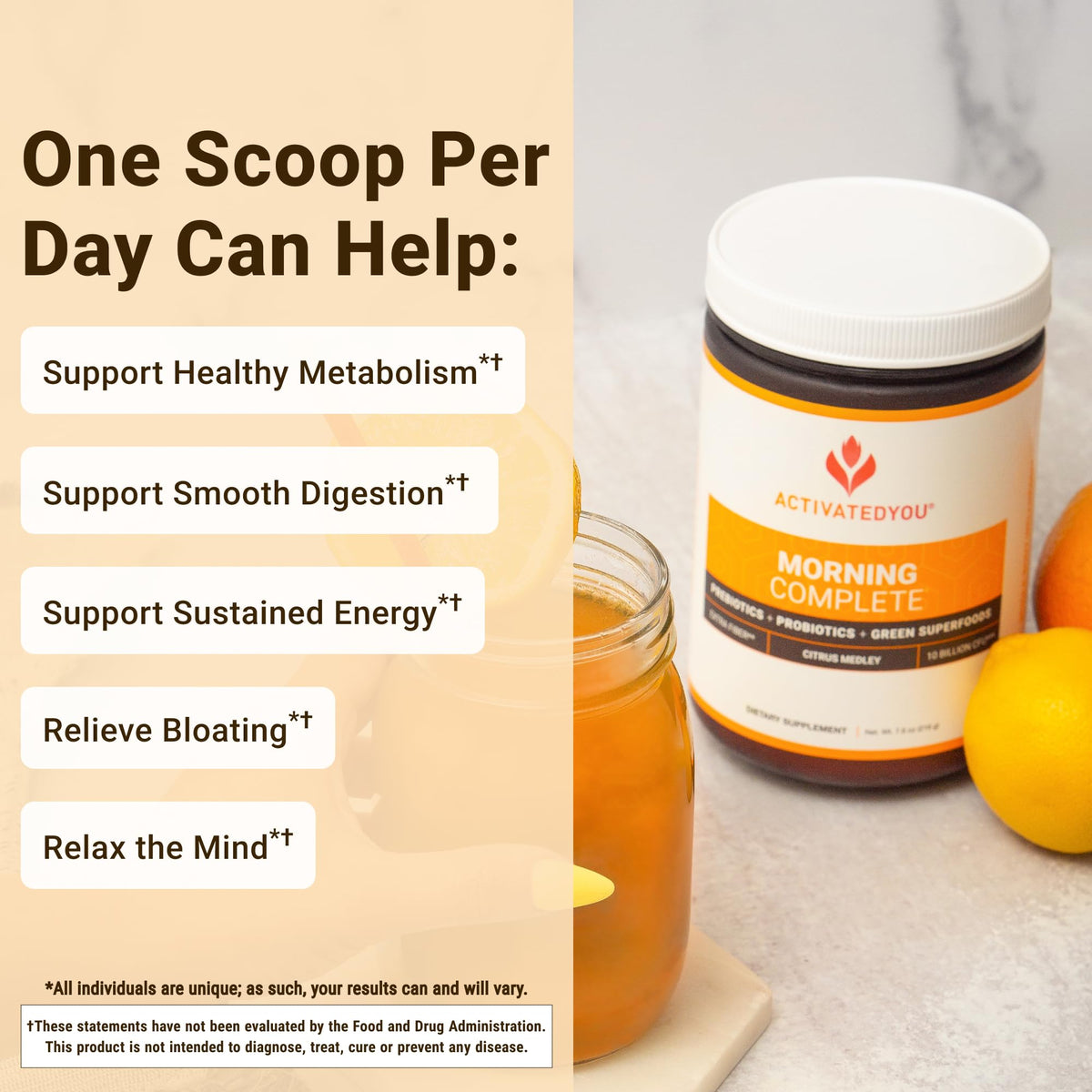 ACTIVATEDYOU Morning Complete Daily Wellness Greens Superfood Drink Mix for Gut Health w/Prebiotics, Probiotics, Antioxidants, Green Superfoods, 10 Billion CFUs, 30 Servings (Citrus) - FENGGESTORE20