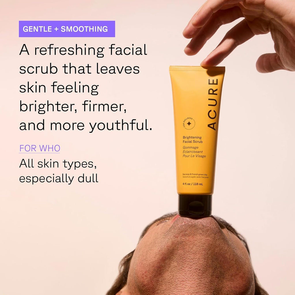 Acure Brightening Facial Scrub - Exfoliating Face Wash, Gentle Daily Scrubber & Exfoliator for Women & Men for Radiant Skin, Cleansing Wash with Sea Kelp & French Green Clay - 4 fl oz - FENGGESTORE20