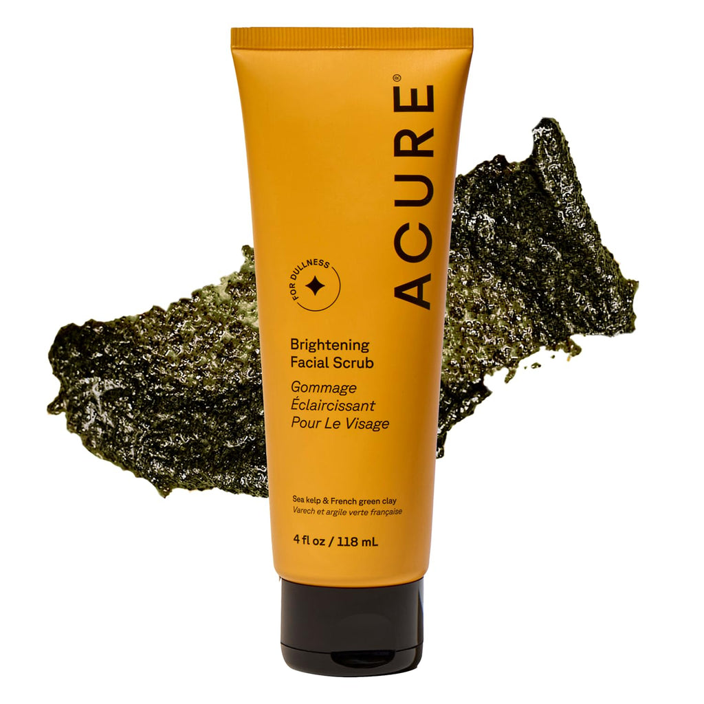 Acure Brightening Facial Scrub - Exfoliating Face Wash, Gentle Daily Scrubber & Exfoliator for Women & Men for Radiant Skin, Cleansing Wash with Sea Kelp & French Green Clay - 4 fl oz - FENGGESTORE20