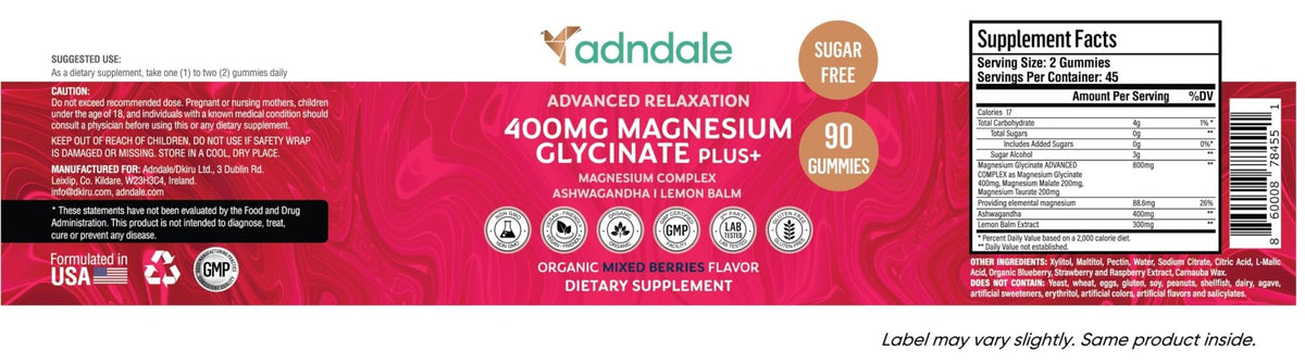 Adndale 180 CT Magnesium Glycinate Gummies 400 mg/Serv with Ashwagandha, Magnesium Malate & Taurate - FENGGESTORE20