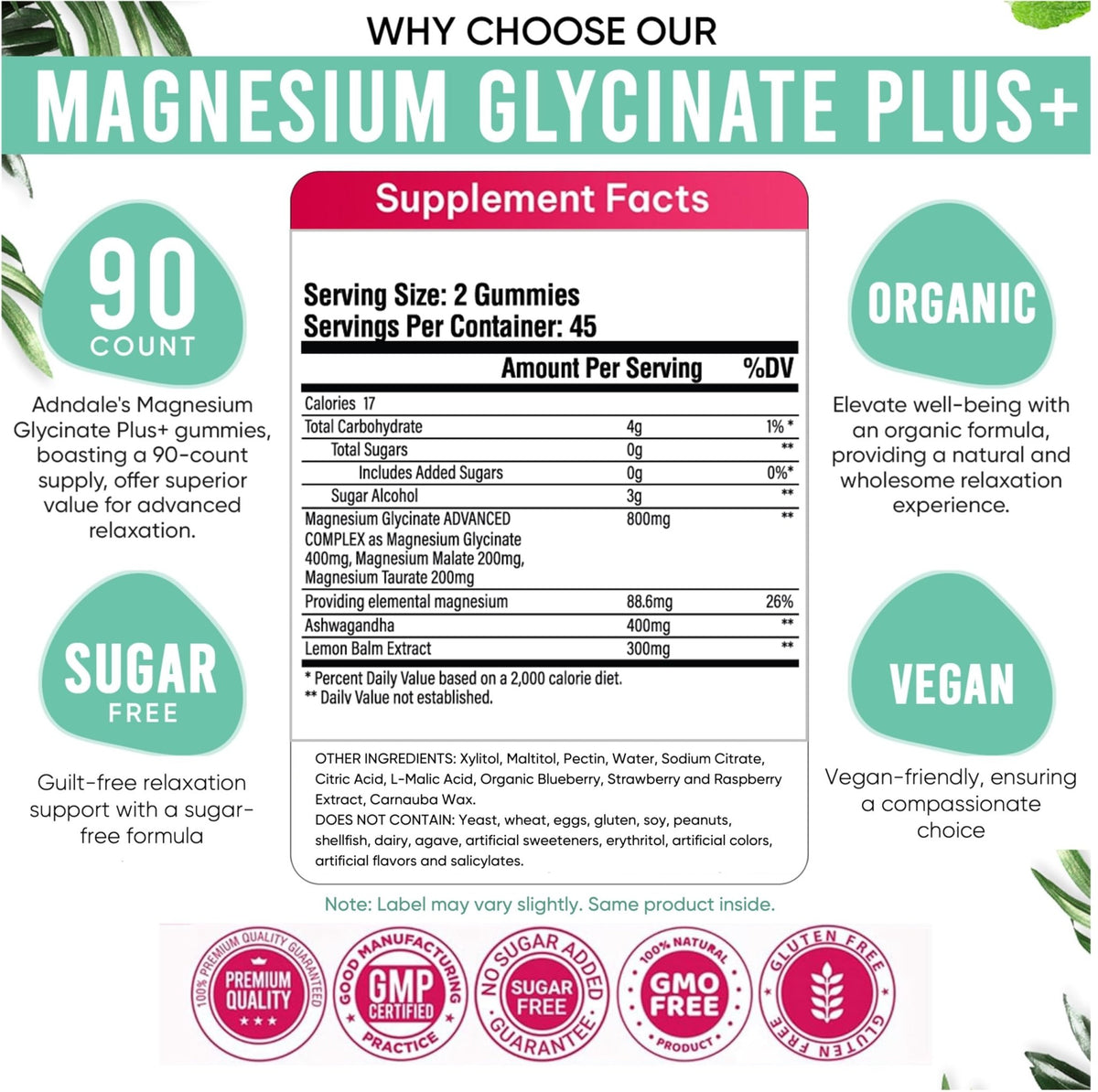 Adndale 180 CT Magnesium Glycinate Gummies 400 mg/Serv with Ashwagandha, Magnesium Malate & Taurate - FENGGESTORE20