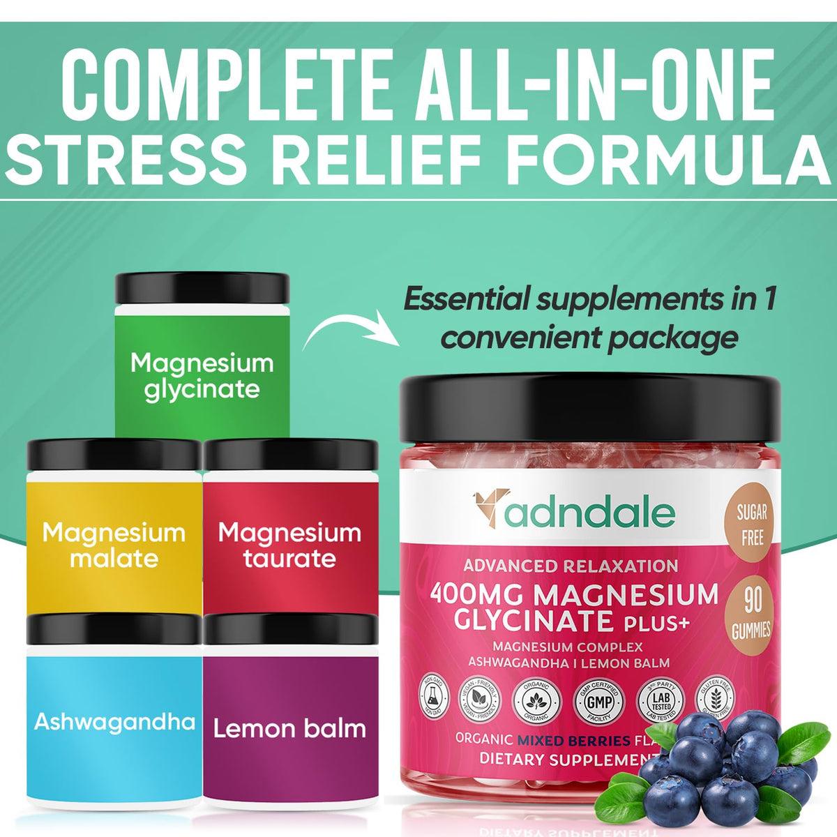 Adndale 180 CT Magnesium Glycinate Gummies 400 mg/Serv with Ashwagandha, Magnesium Malate & Taurate - FENGGESTORE20