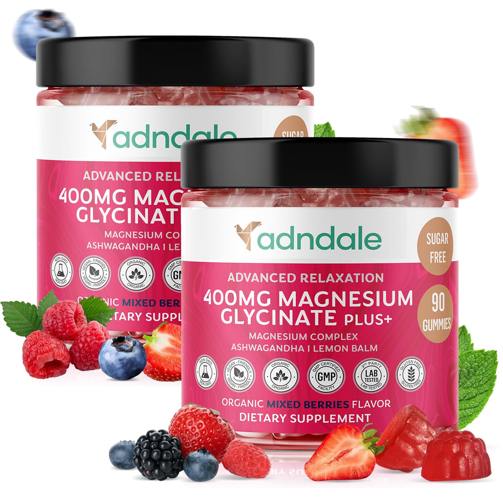Adndale 180 CT Magnesium Glycinate Gummies 400 mg/Serv with Ashwagandha, Magnesium Malate & Taurate - FENGGESTORE20