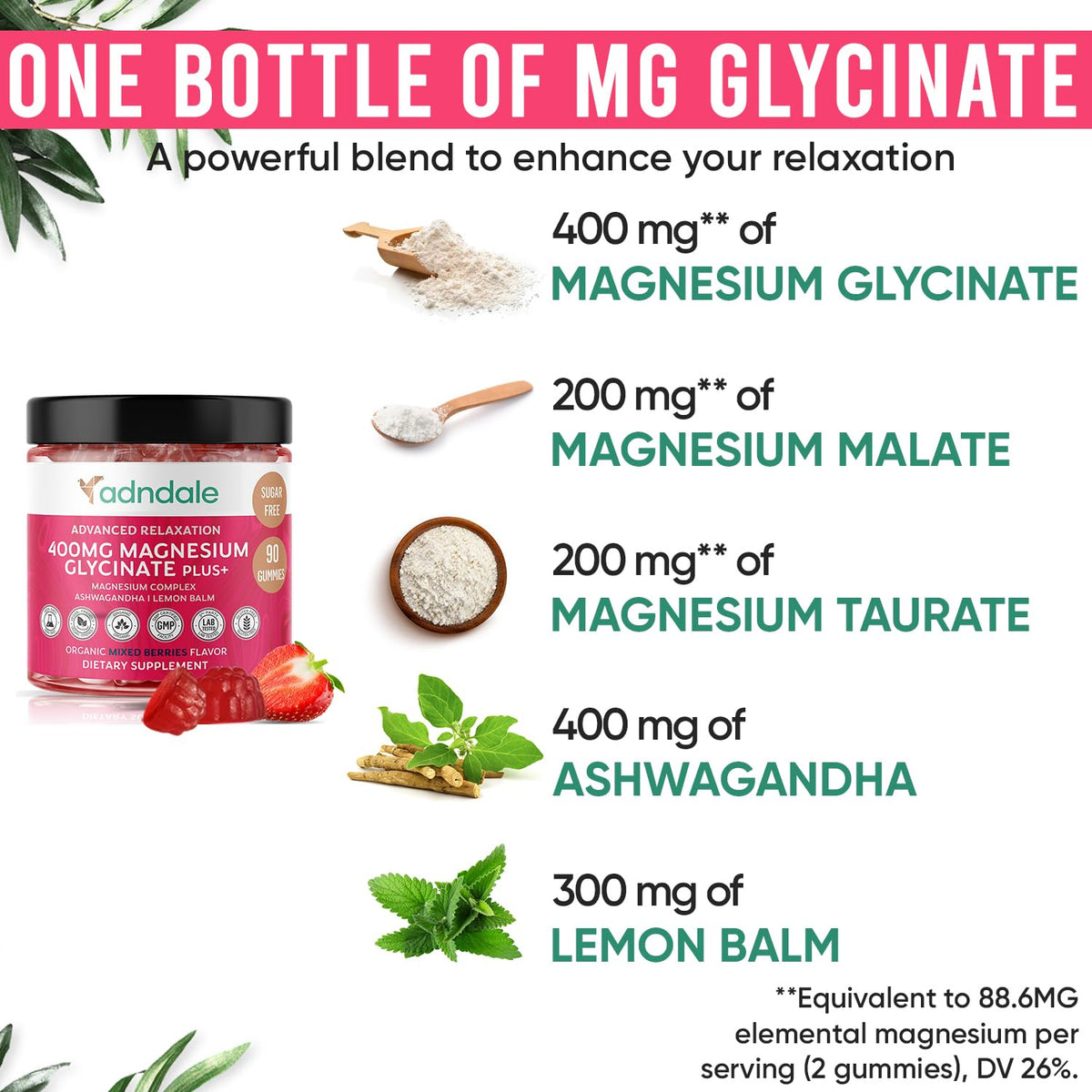 Adndale 90 CT Magnesium Glycinate 400 mg Gummies with Ashwagandha, Magnesium Malate & Taurate, Sugar Free Magnesium Gummies for Adults & Kids. - FENGGESTORE20