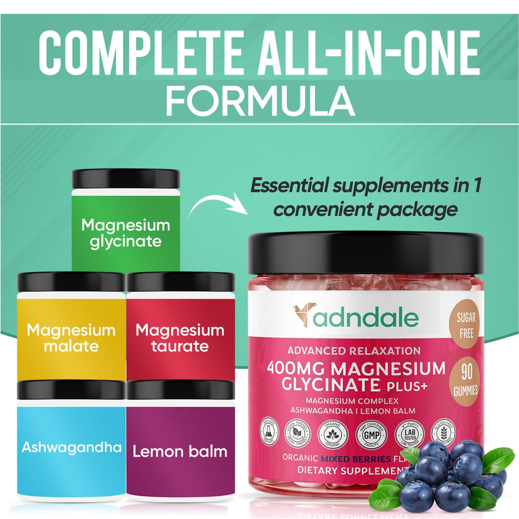 Adndale 90 CT Magnesium Glycinate 400 mg Gummies with Ashwagandha, Magnesium Malate & Taurate, Sugar Free Magnesium Gummies for Adults & Kids. - FENGGESTORE20