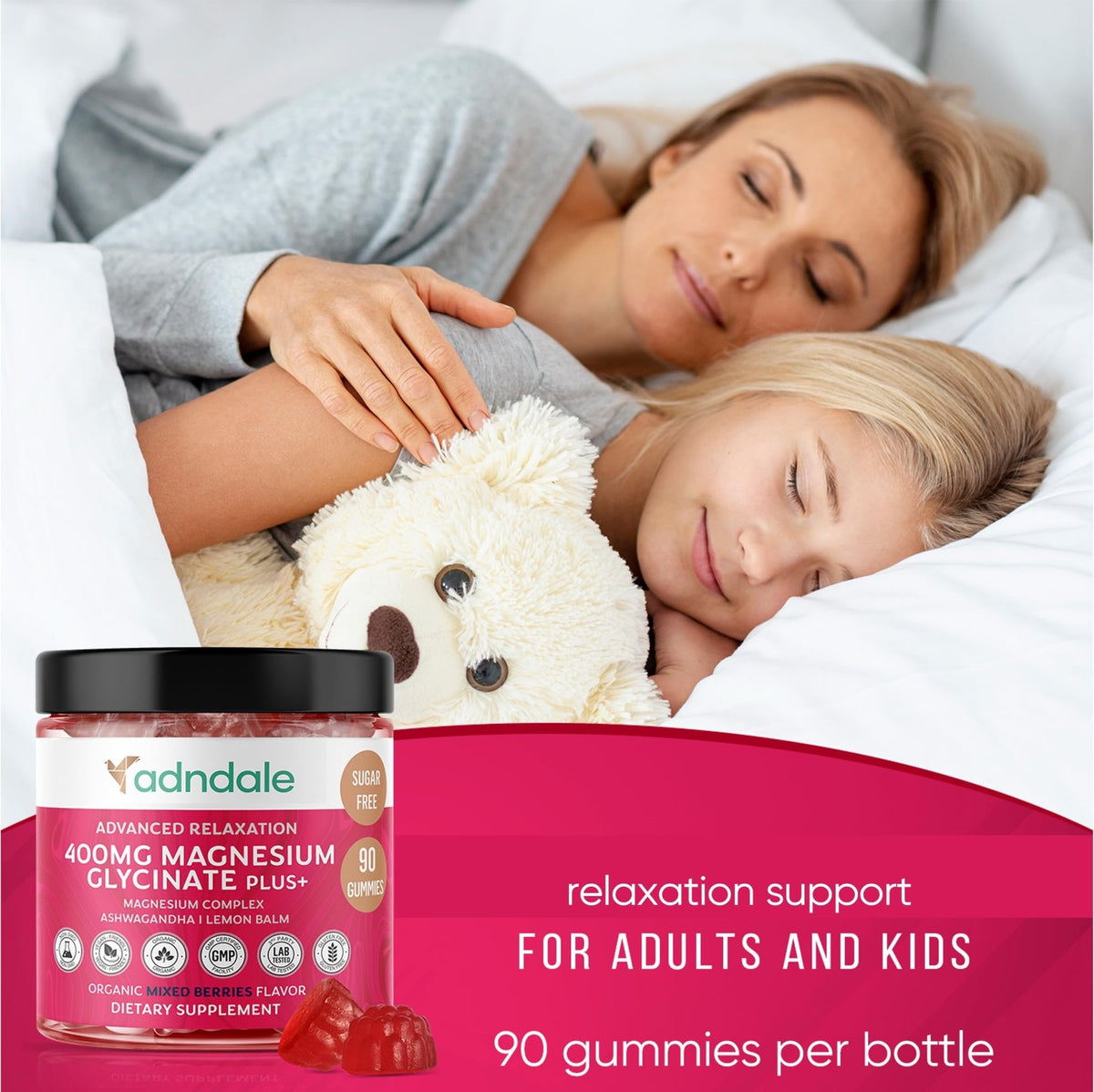 Adndale 90 CT Magnesium Glycinate 400 mg Gummies with Ashwagandha, Magnesium Malate & Taurate, Sugar Free Magnesium Gummies for Adults & Kids. - FENGGESTORE20