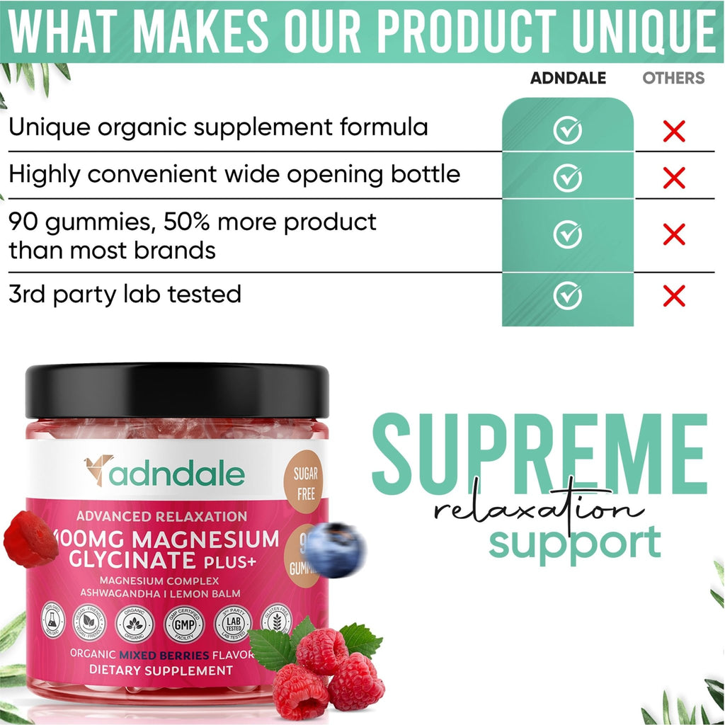Adndale 90 CT Magnesium Glycinate 400 mg Gummies with Ashwagandha, Magnesium Malate & Taurate, Sugar Free Magnesium Gummies for Adults & Kids. - FENGGESTORE20