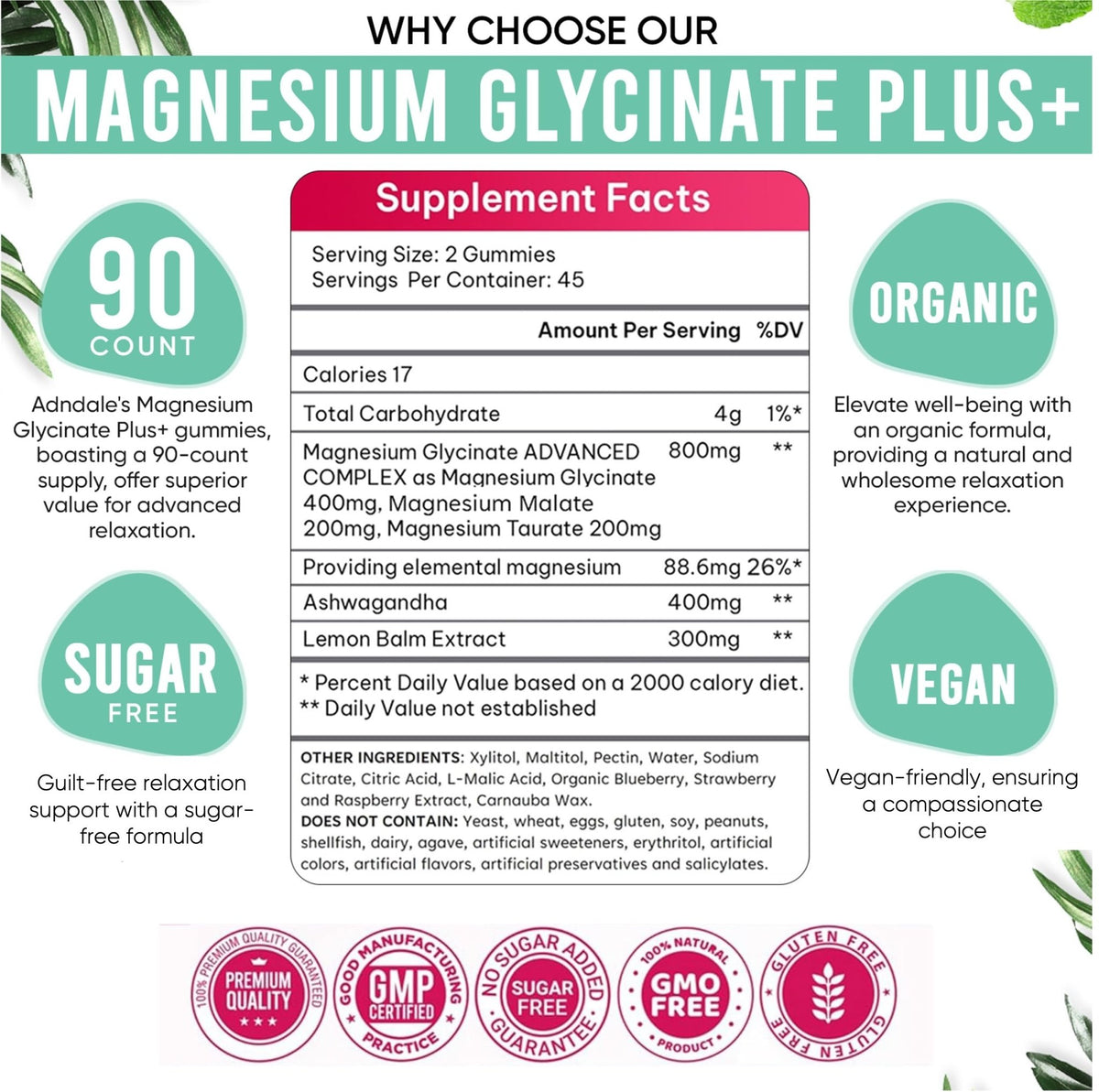 Adndale 90 CT Magnesium Glycinate 400 mg Gummies with Ashwagandha, Magnesium Malate & Taurate, Sugar Free Magnesium Gummies for Adults & Kids. - FENGGESTORE20