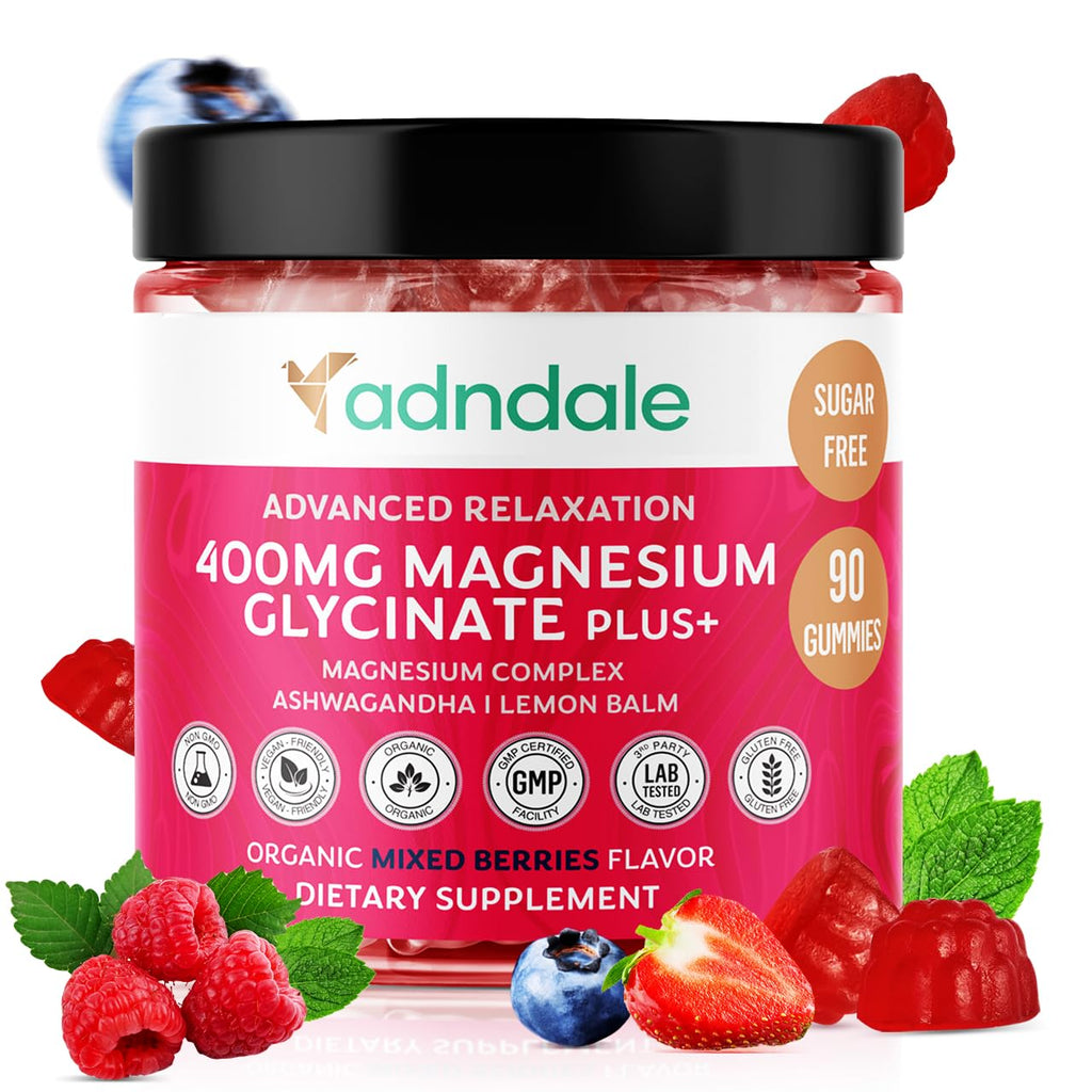 Adndale 90 CT Magnesium Glycinate 400 mg Gummies with Ashwagandha, Magnesium Malate & Taurate, Sugar Free Magnesium Gummies for Adults & Kids. - FENGGESTORE20