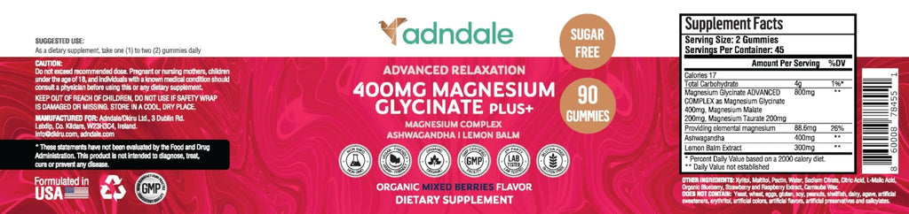Adndale 90 CT Magnesium Glycinate 400 mg Gummies with Ashwagandha, Magnesium Malate & Taurate, Sugar Free Magnesium Gummies for Adults & Kids. - FENGGESTORE20