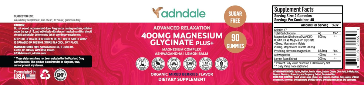 Adndale 90 CT Magnesium Glycinate 400 mg Gummies with Ashwagandha, Magnesium Malate & Taurate, Sugar Free Magnesium Gummies for Adults & Kids. - FENGGESTORE20