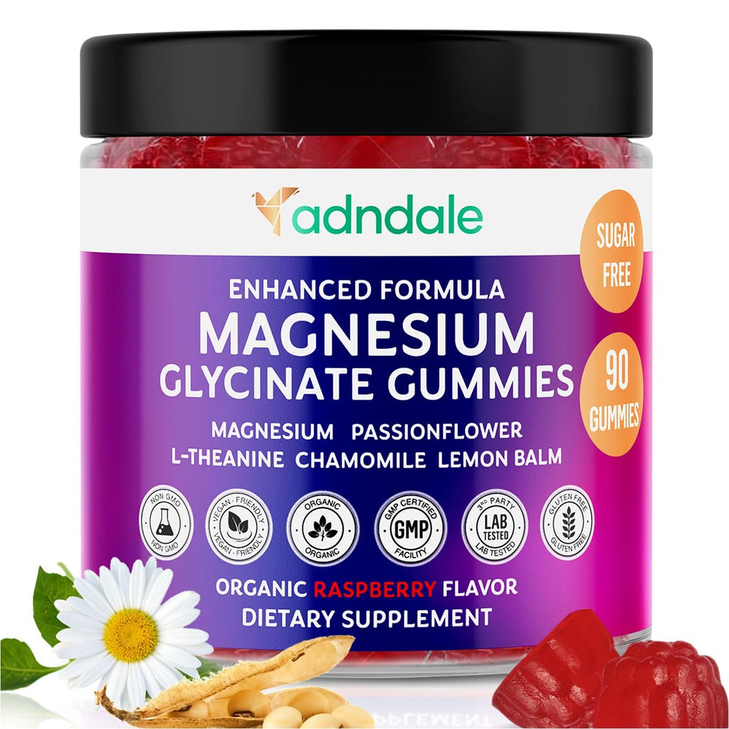 Adndale 90CT Magnesium Glycinate Gummies. Sugar Free Chews for Adults & Kids. Raspberry Flavour - FENGGESTORE20