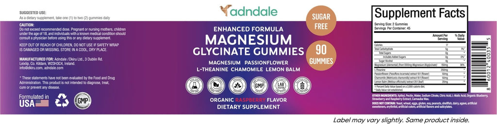 Adndale 90CT Magnesium Glycinate Gummies. Sugar Free Chews for Adults & Kids. Raspberry Flavour - FENGGESTORE20