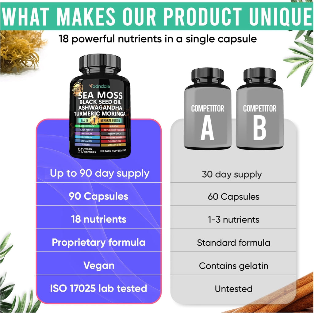 Adndale Sea Moss Capsules - Sea Moss Blend with Ashwagandha, Turmeric- 90 Count - FENGGESTORE20