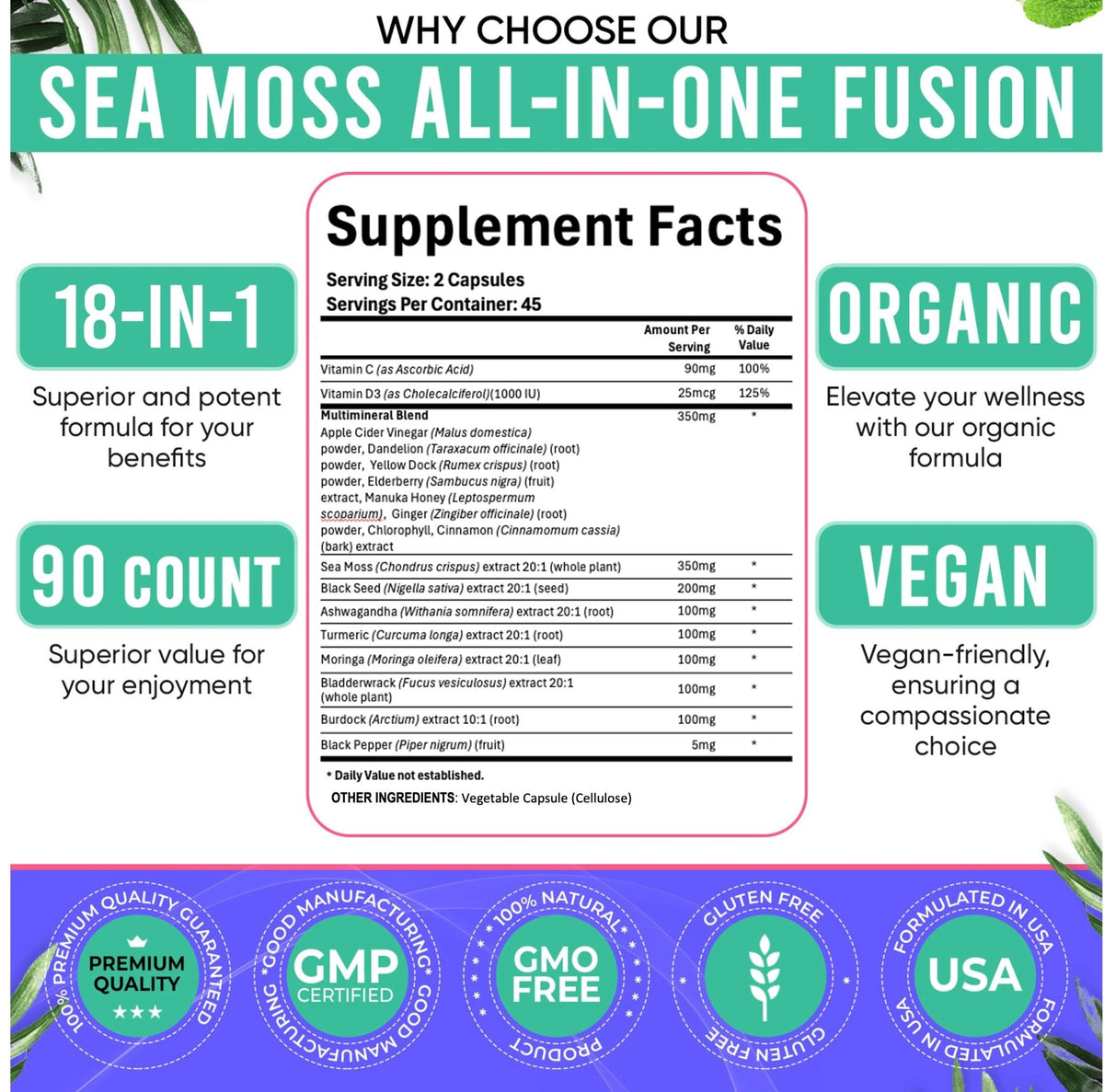 Adndale Sea Moss Capsules - Sea Moss Blend with Ashwagandha, Turmeric- 90 Count - FENGGESTORE20
