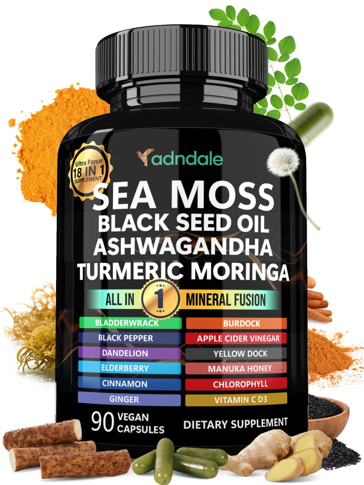 Adndale Sea Moss Capsules - Sea Moss Blend with Ashwagandha, Turmeric- 90 Count - FENGGESTORE20