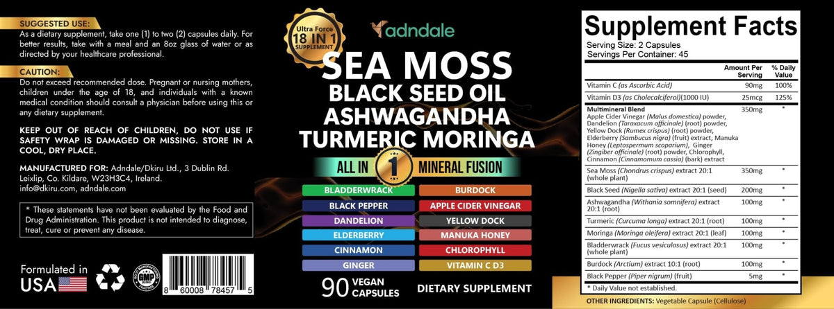 Adndale Sea Moss Capsules - Sea Moss Blend with Ashwagandha, Turmeric- 90 Count - FENGGESTORE20