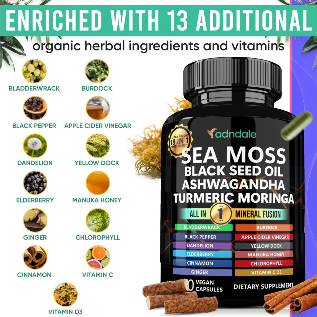Adndale Sea Moss Capsules - Sea Moss Blend with Ashwagandha, Turmeric- 90 Count - FENGGESTORE20