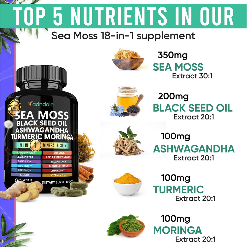 Adndale Sea Moss Capsules - Sea Moss Blend with Ashwagandha, Turmeric- 90 Count - FENGGESTORE20