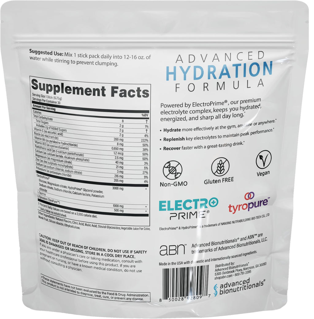 Advanced Bionutritionals Advanced Hydration Formula Electrolyte Drink Mix Powder with ElectroPrime®, L-Taurine, TyroPure™, B-Vitamins, Vitamin C – Strawberry Watermelon – 30 Stick Packs - FENGGESTORE20