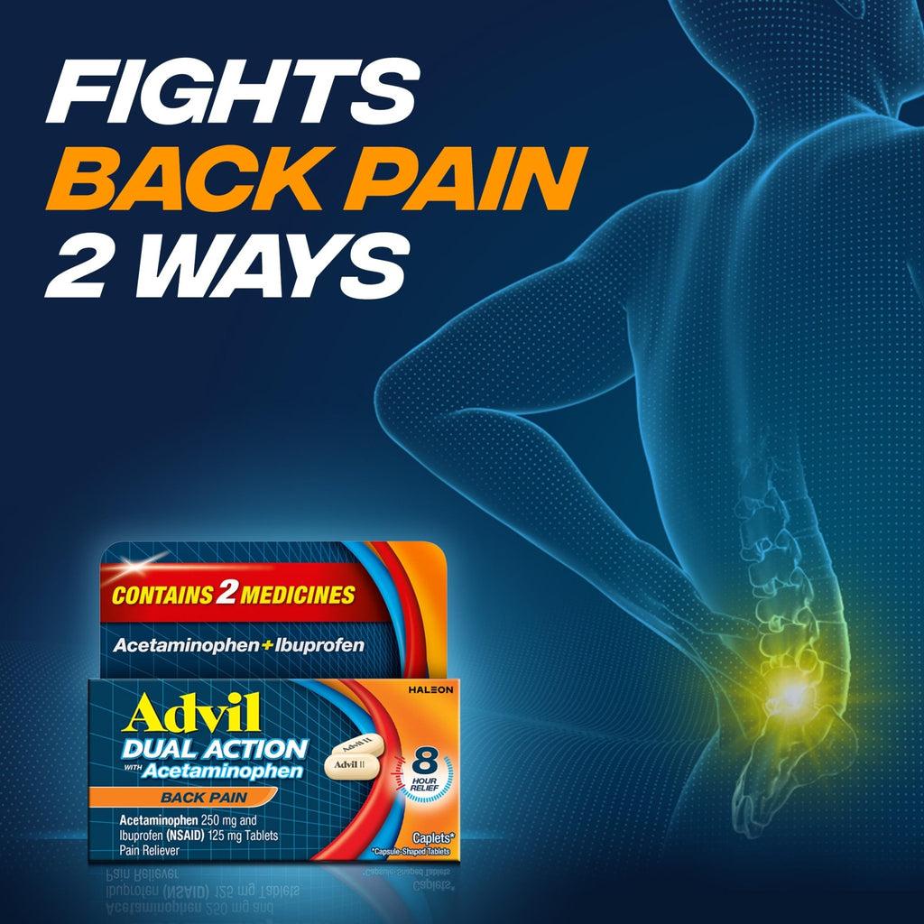 Advil Dual Action Back Pain Caplets Delivers 125mg Ibuprofen and 250mg Acetaminophen Per Dose for 8 Hours of Back Pain Relief - 144 Count - FENGGESTORE20