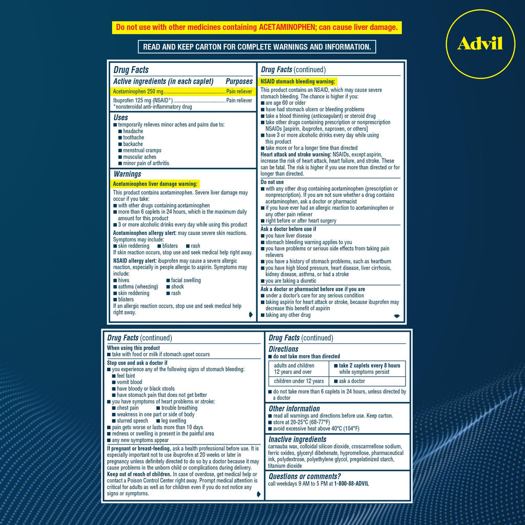 Advil Dual Action Coated Caplets, 125 Mg Ibuprofen and 250 Mg Acetaminophen per Dose (2 Dose Equivalent) for 8 Hour Pain Relief - 216 Count - FENGGESTORE20
