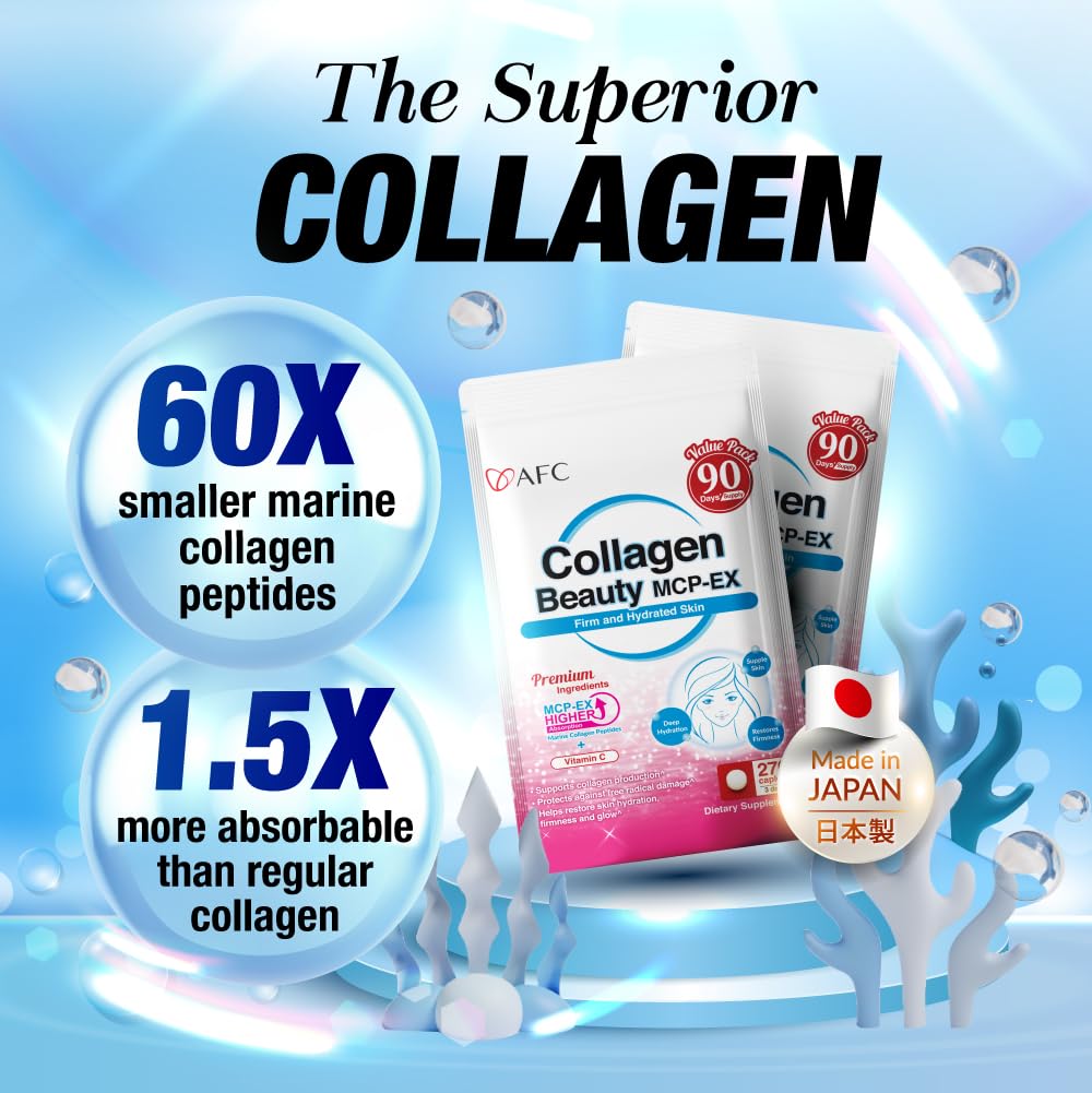 AFC Japan Collagen Beauty MCP-EX with Marine Collagen Peptide, 1.5X Better Absorption Than Other Collagen, for Anti-Aging, Skin, Hair, Nails, Bone and Joints, for Women & Men, 90 Days Supply - FENGGESTORE20